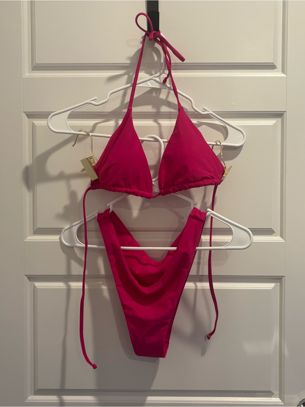 Hot Pink Brazilian Triangle Bikini Set Size M Neon Tie Side Swimwear